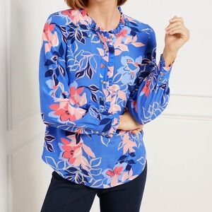 Talbots Blue Ruffle Trim Popover Floral Top Blouse Large Half-Placket Buttons